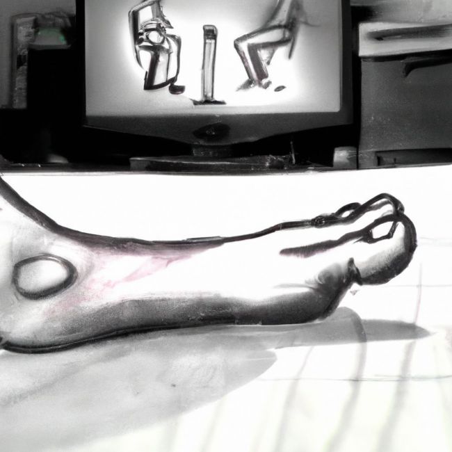 una camara de television enfoca un pie descalzo sobre una mesa, estilo de dibujo