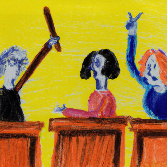 En esta imagen con estilo de haber sido realizada con lápices de colores, se muestra a dos ministras del Gobierno de España en un debate político. Ambas están levantando sus manos en señal de confrontación, mientras que el resto de los políticos presentes parecen desconcertados. El fondo muestra una sala de reuniones lujosa con grandes ventanales que permiten ver un paisaje urbano impresionante. Esta representación visual critica la actitud beligerante y poco constructiva de las ministras, resaltando la falta de diálogo y cooperación en la política actual.