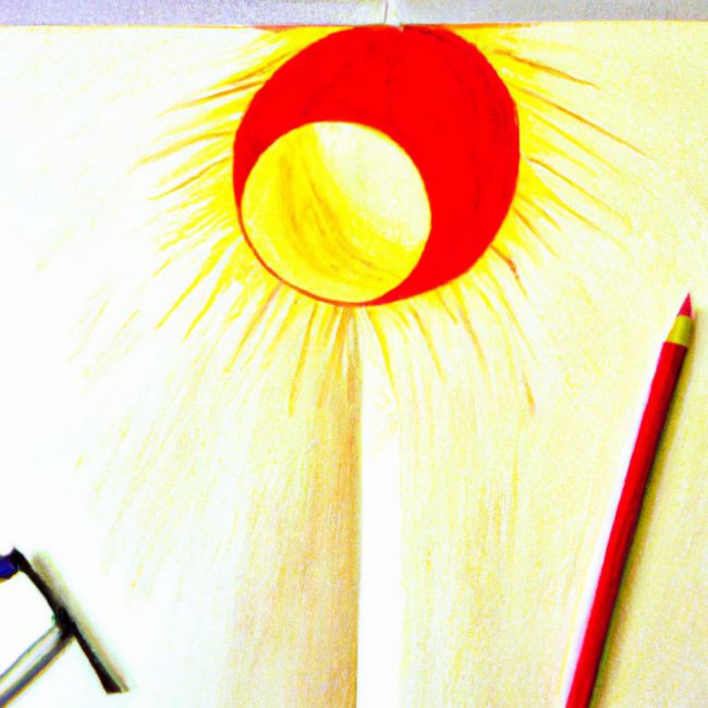 Dibujo hecho con lápices de colores de un eclipse sobre un libro abierto de color rojo y amarilo