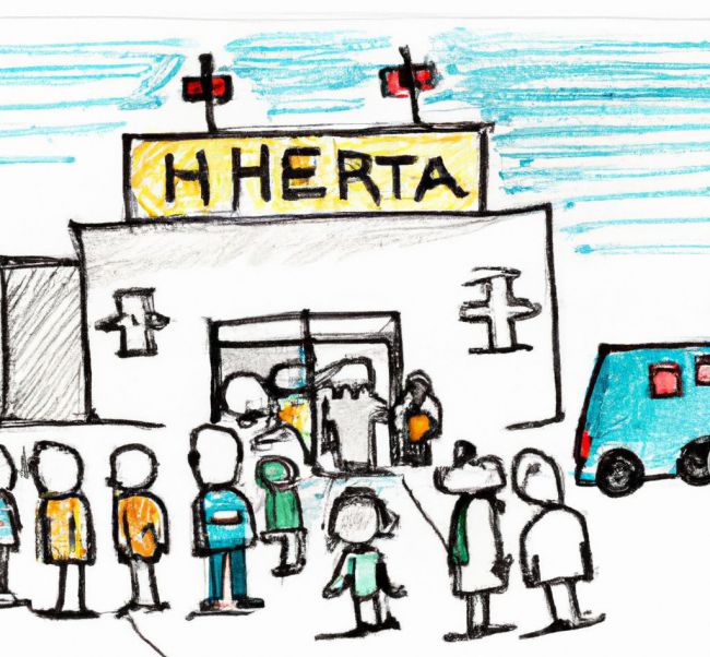 dibuja un hospital y personas haciendo fila para entrar en él