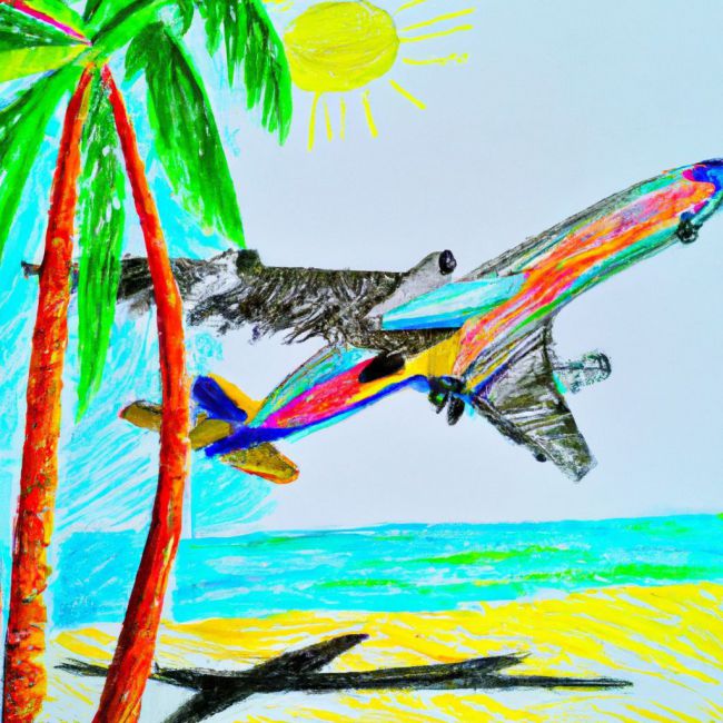 con estilo de dibujo hecho con lápices de colores, haz una imagen de un avión sobrevolando una playa con palmeras en un día soleado con personas en ella