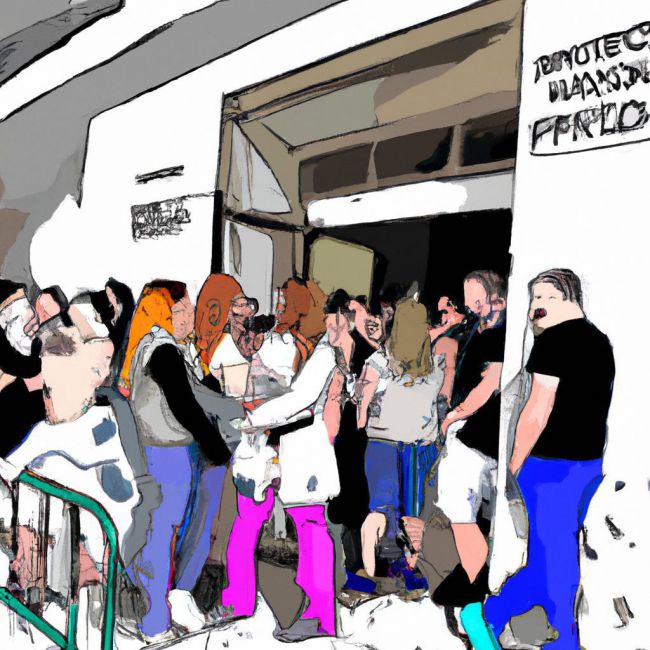 Con estilo de comic a color, imagen de una fila de pacientes a la puerta de un hospital