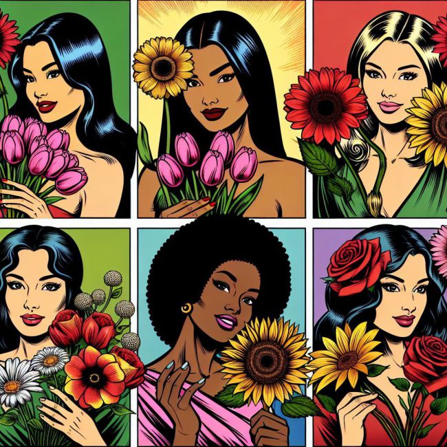 **imagen con estilo de comic clasico a color** de mujeres de distintas etnicas y colores portando flores en señal de vida