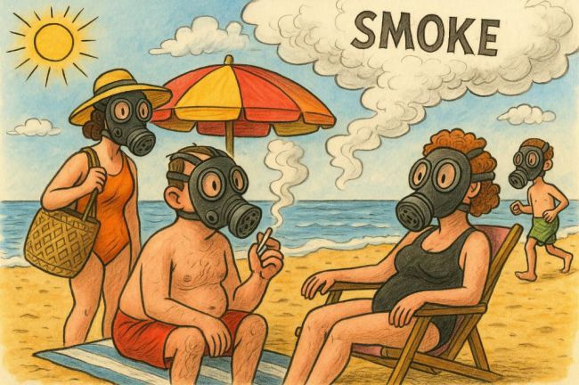 con estilo da caricatura, una playa con gente que lleva mascaras antigas para protegerse del humo dle tabaco