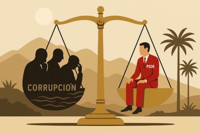 **Una escena surrealista en la que un político del PSOE se encuentra en una balanza gigante, simbolizando la justicia, rodeado de sombras que representan escándalos de corrupción, con un fondo de montañas y palmeras típicas de Almería.** estilo minimalista