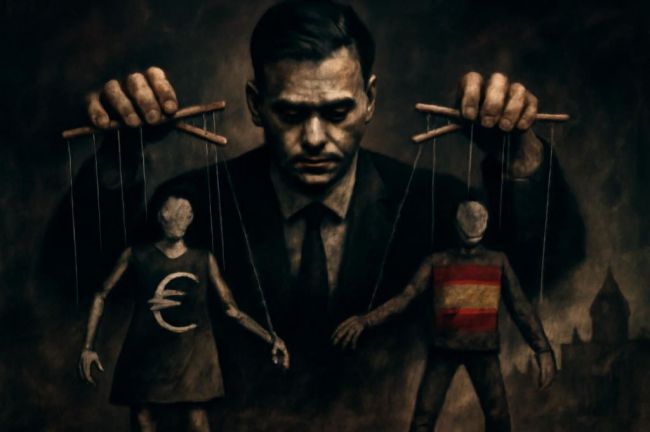 Pedro Sánchez, representado como titiritero, manipula marionetas que simbolizan la economía y la sociedad española.