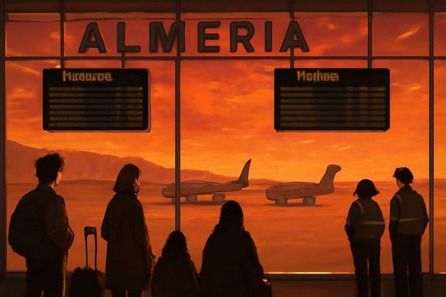 Pasajeros en el aeropuerto de Almería observan tableros vacíos al atardecer, mientras aviones permanecen en la pista.