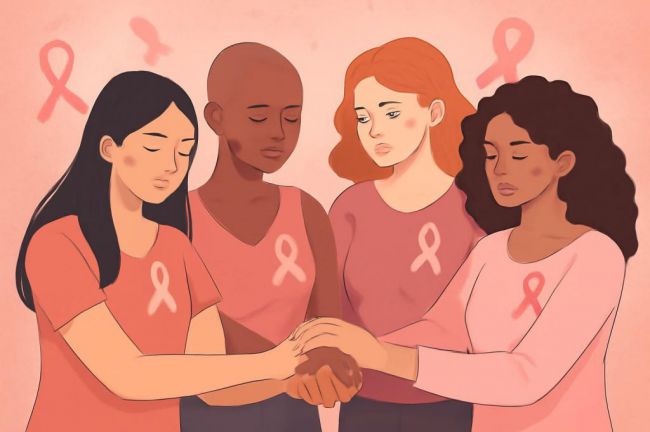 Mujeres unidas en la lucha contra el cáncer de mama, sosteniendo cintas rosas y manos entrelazadas en solidaridad.