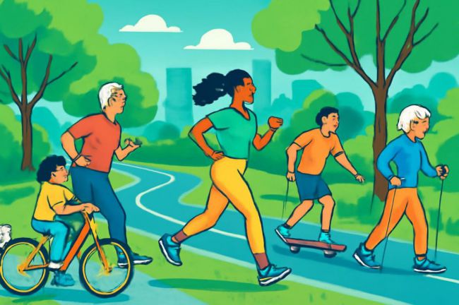 Personas de diferentes edades practican deportes en un entorno urbano con árboles y caminos para bicicletas.