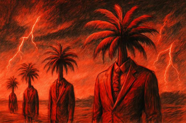 Palmeras cobran vida como figuras humanas en un paisaje surrealista, bajo un cielo tormentoso y relámpagos.