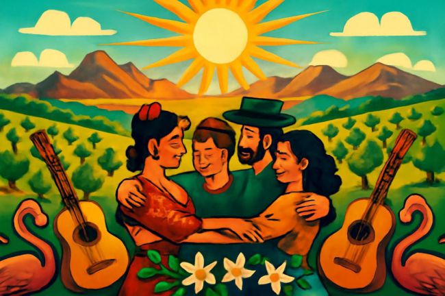 Grupo de figuras del pueblo andaluz se abraza en un paisaje de olivos y montañas, símbolo de la cultura 4D.