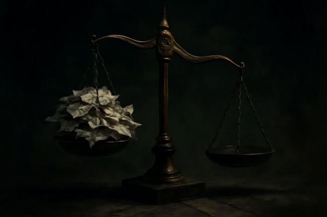 Balanza de la justicia desbalanceada: un lado con papeles rotos y el otro vacío, simbolizando falta de pruebas.