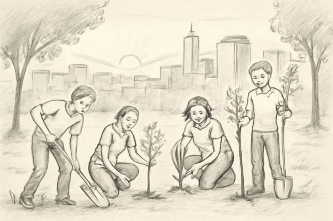 Almería atardece con ciudadanos en un parque, disfrutando de un espacio verde entre edificios modernos.