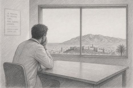 Médico dibujado a lápiz sentado en una mesa vacía, observa el horizonte de Almería y reflexiona sobre su labor.