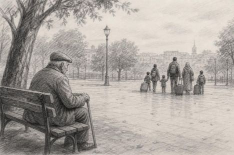 Anciano en un banco del parque observa a inmigrantes, destacando la soledad y la incertidumbre de la situación.