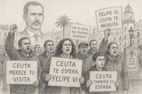 Protesta en Ceuta: ciudadanos se reúnen en la plaza exigiendo la visita del rey Felipe VI con carteles.