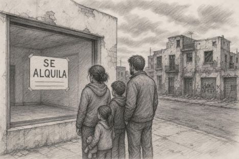 Familia observa un cartel de