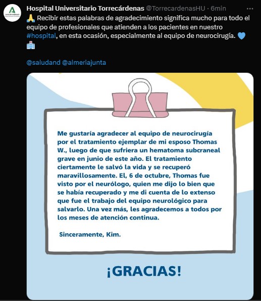 Gratitud que ha emocionado al personal del Hospital Torrecárdenas