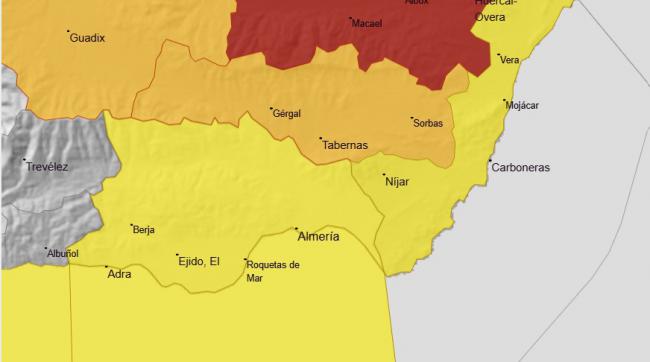 Aviso rojo por lluvias torrenciales en Almería y previsión de hasta 120 litros por metro cuadrado
