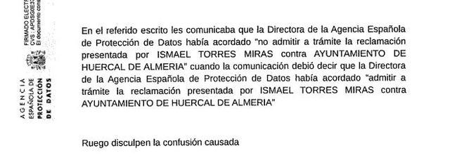 La AEPD reconoce su error y da la razón al exalcalde de Huércal