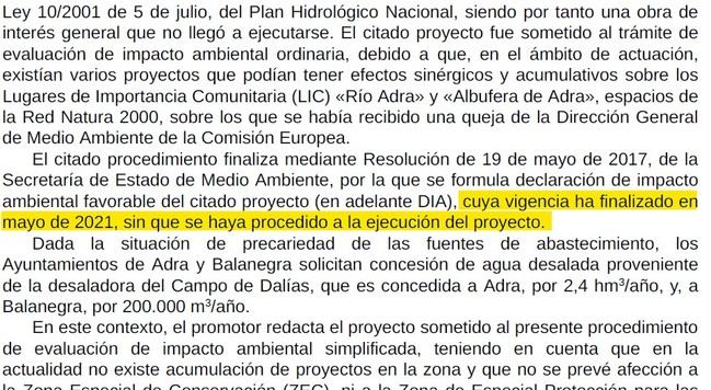 El Gobierno dejó caducar la autorización ambiental que permitía mejorar el abastecimiento de agua a Adra