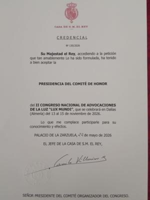 Felipe VI presidirá el Comité de Honor del Congreso LUX MUNDI que se celebrará en Dalías