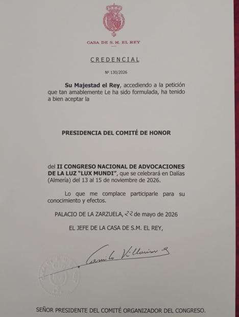 Felipe VI presidirá el Comité de Honor del Congreso LUX MUNDI que se celebrará en Dalías