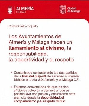 Ayuntamientos de Almería y Málaga llaman a la deportividad en la final del ascenso a Primera División