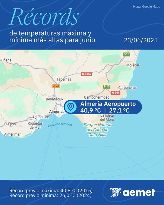 Almería Aeropuerto bate récords históricos de temperatura máxima y mínima en junio