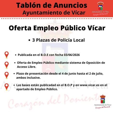 Vícar convoca tres nuevas plazas para su Policía Local