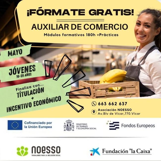 Curso gratuito de Auxiliar de Comercio para jóvenes en Vícar con prácticas incluidas
