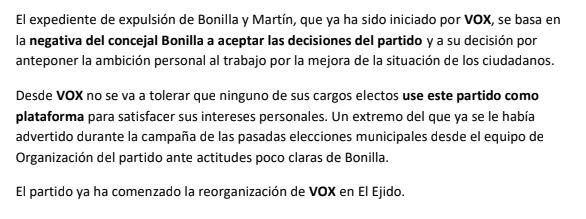 Vox expulsa a dos ediles de El Ejido por "apropiarse del cargo"