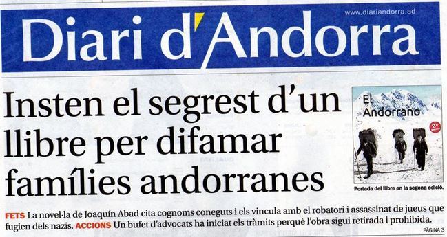 Diari d`Andorra dedica su portada al último libro de Joaquín Abad