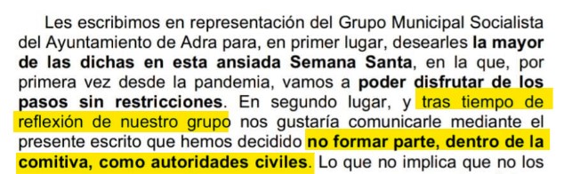 El PSOE de Adra anuncia en bloque que no irá a las procesiones de Semana Santa