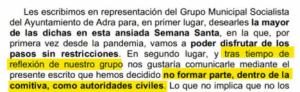 El PSOE de Adra anuncia en bloque que no irá a las procesiones de Semana Santa
