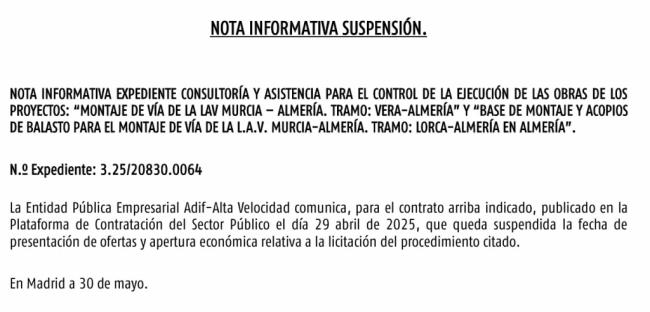 Paralizan sine die una adjudicación clave para el AVE Murcia-Almería